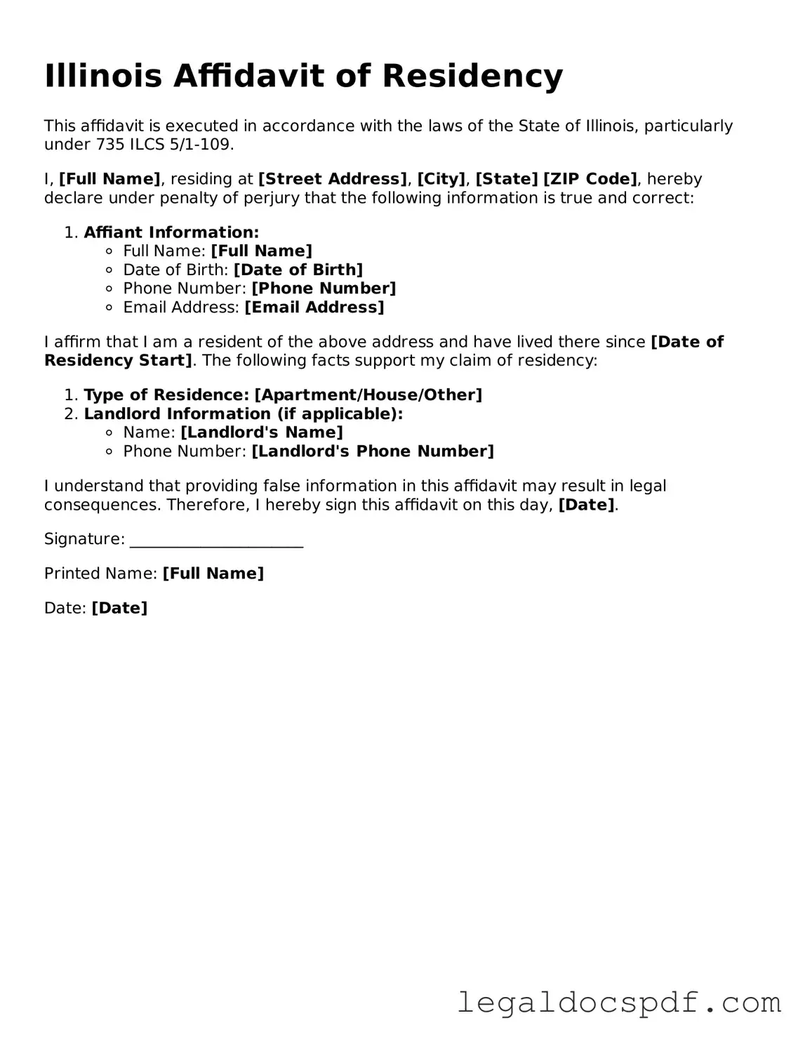 Legal Illinois Affidavit of Residency Form