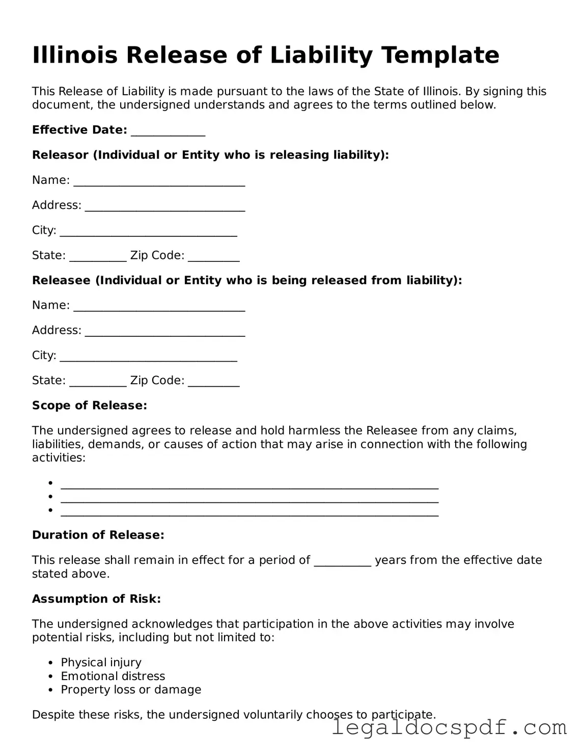 Legal Illinois Release of Liability Form
