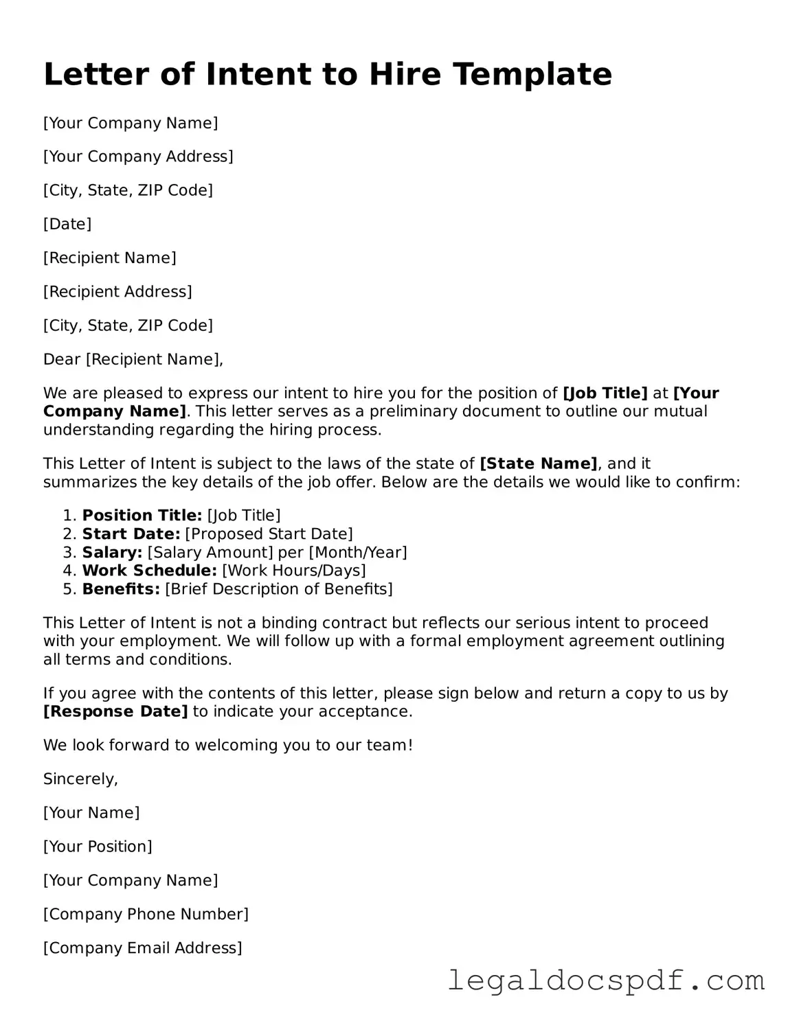 Valid Letter of Intent to Hire Template