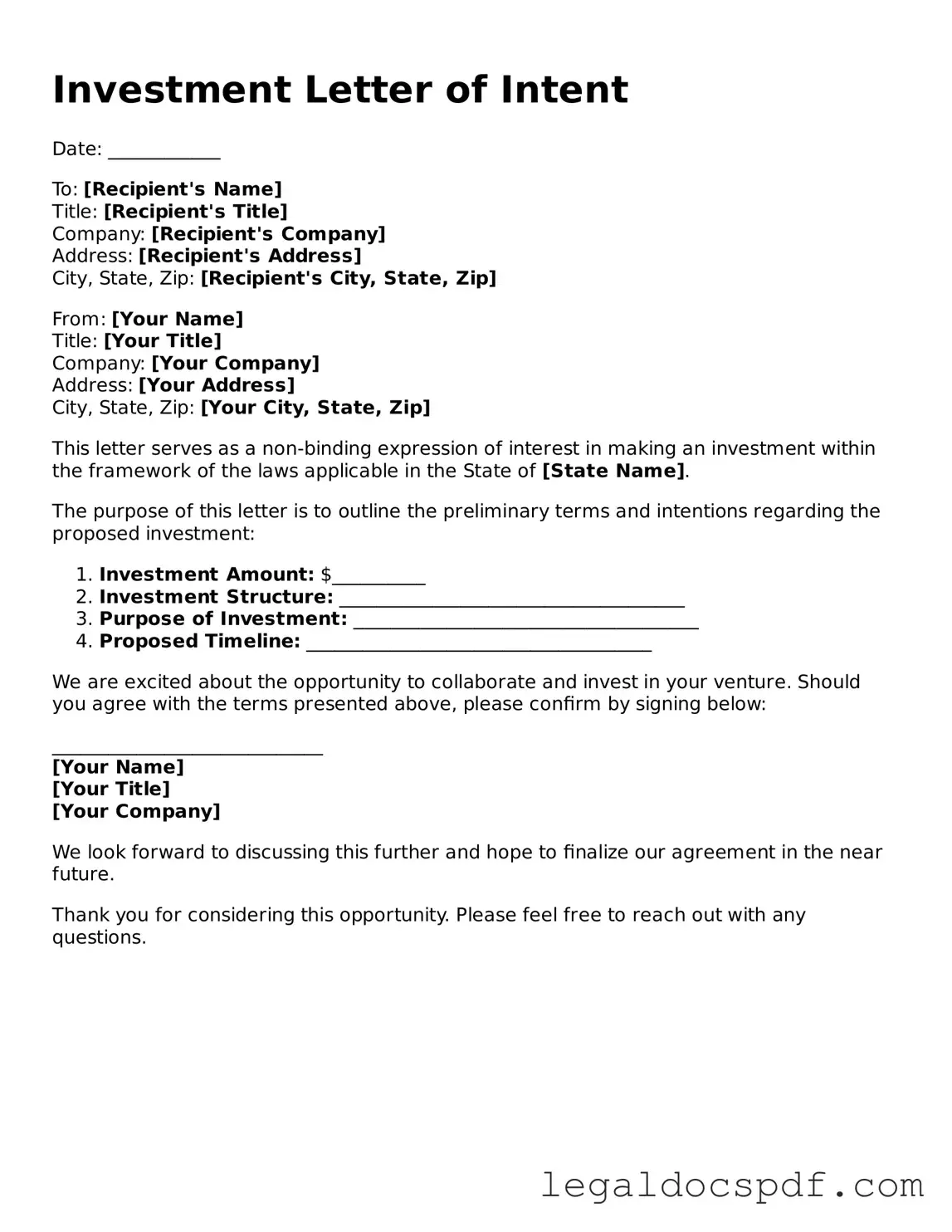 Valid Investment Letter of Intent Template