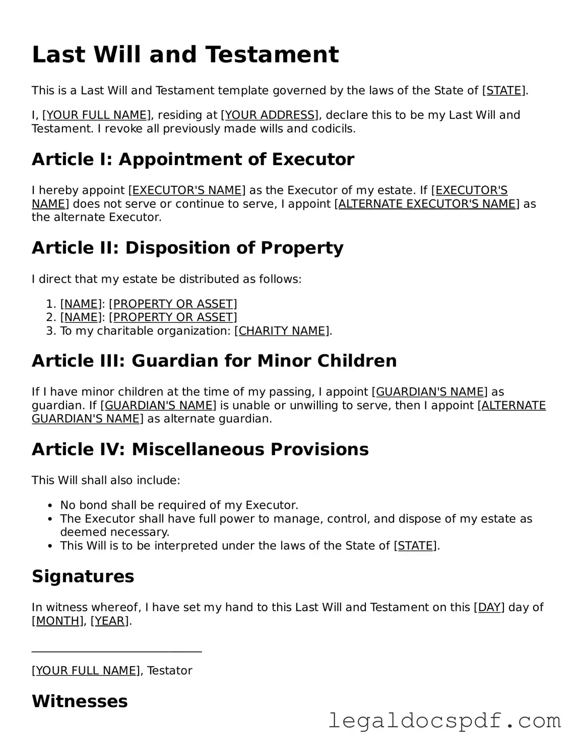 Valid Last Will and Testament Template