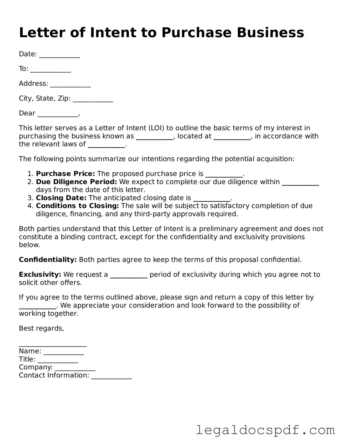 Valid Letter of Intent to Purchase Business Template