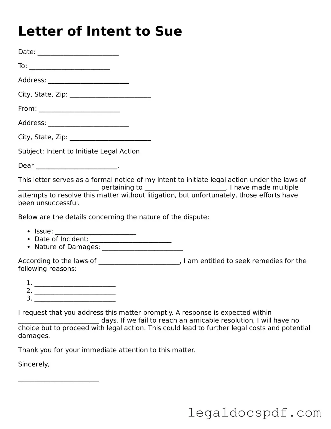Valid Letter of Intent to Sue Template