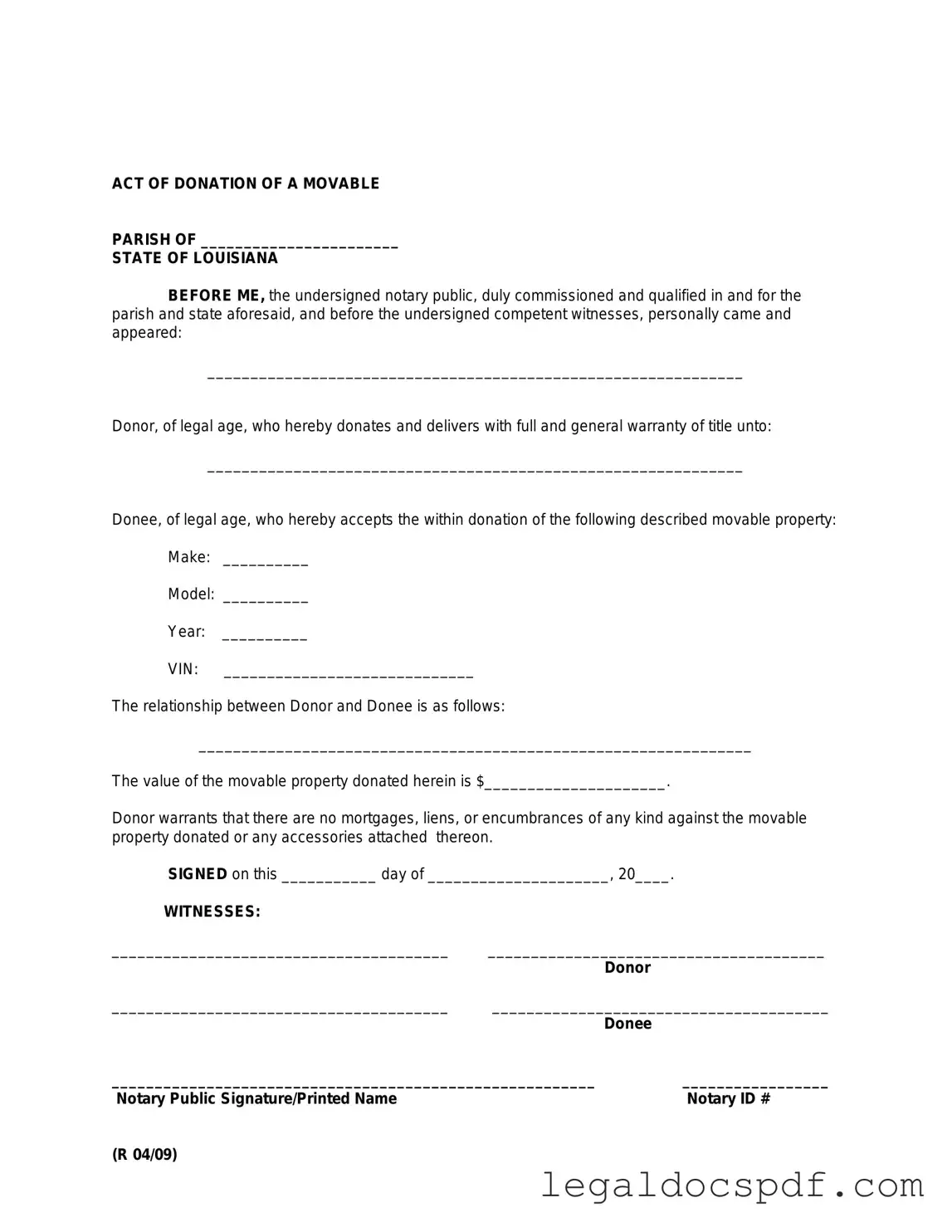 Fill Out Your Louisiana act of donation Form