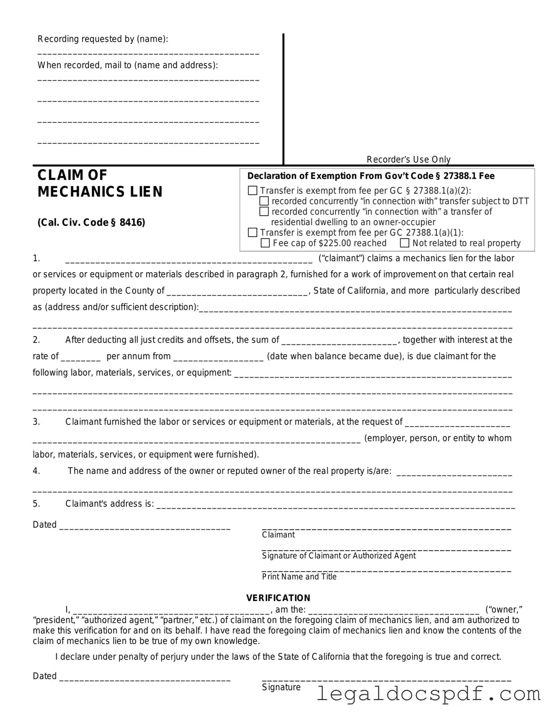 Fill Out Your Mechanics Lien California Form