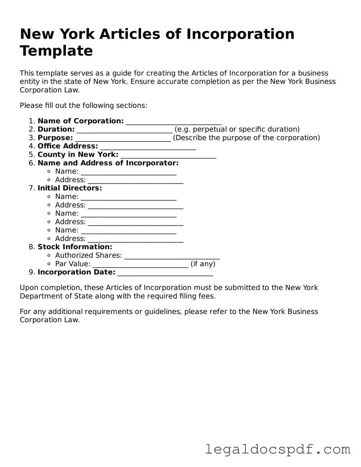 Legal New York Articles of Incorporation Form