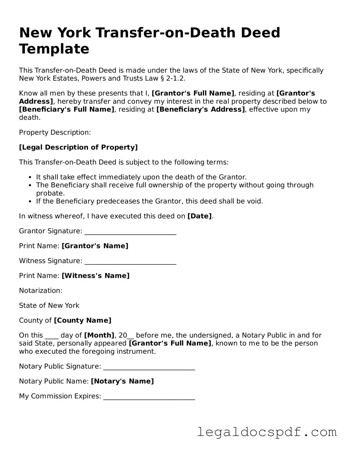 Legal New York Transfer-on-Death Deed Form