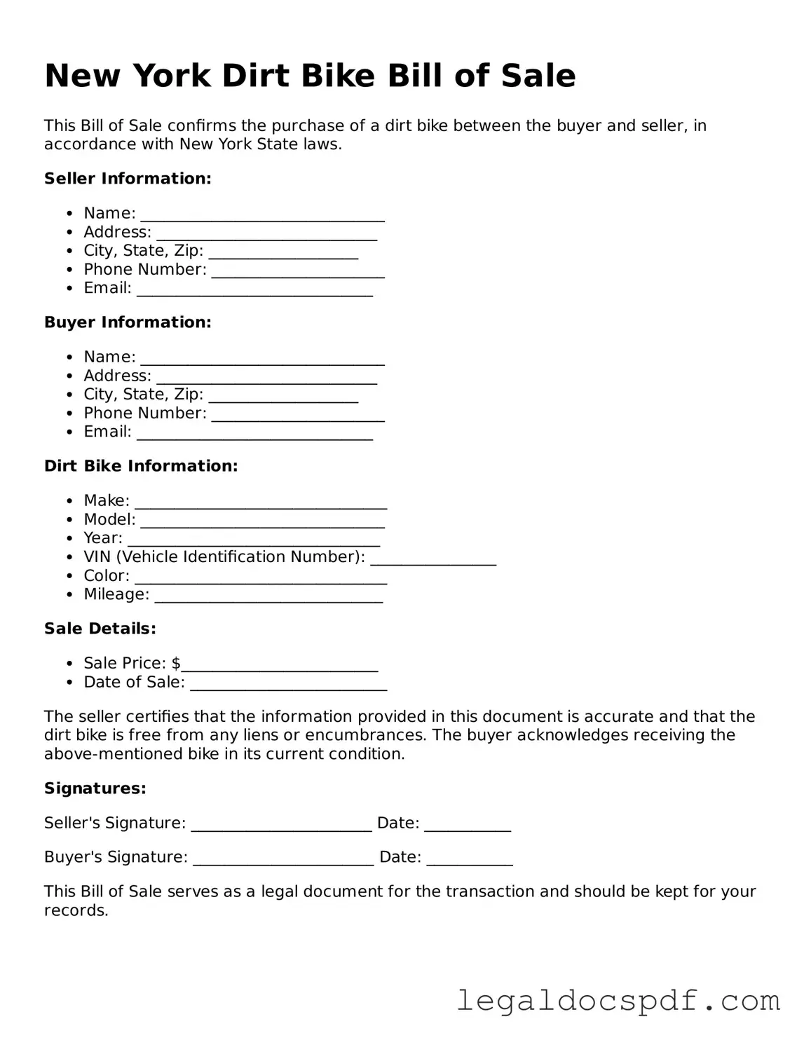 Legal New York Dirt Bike Bill of Sale Form
