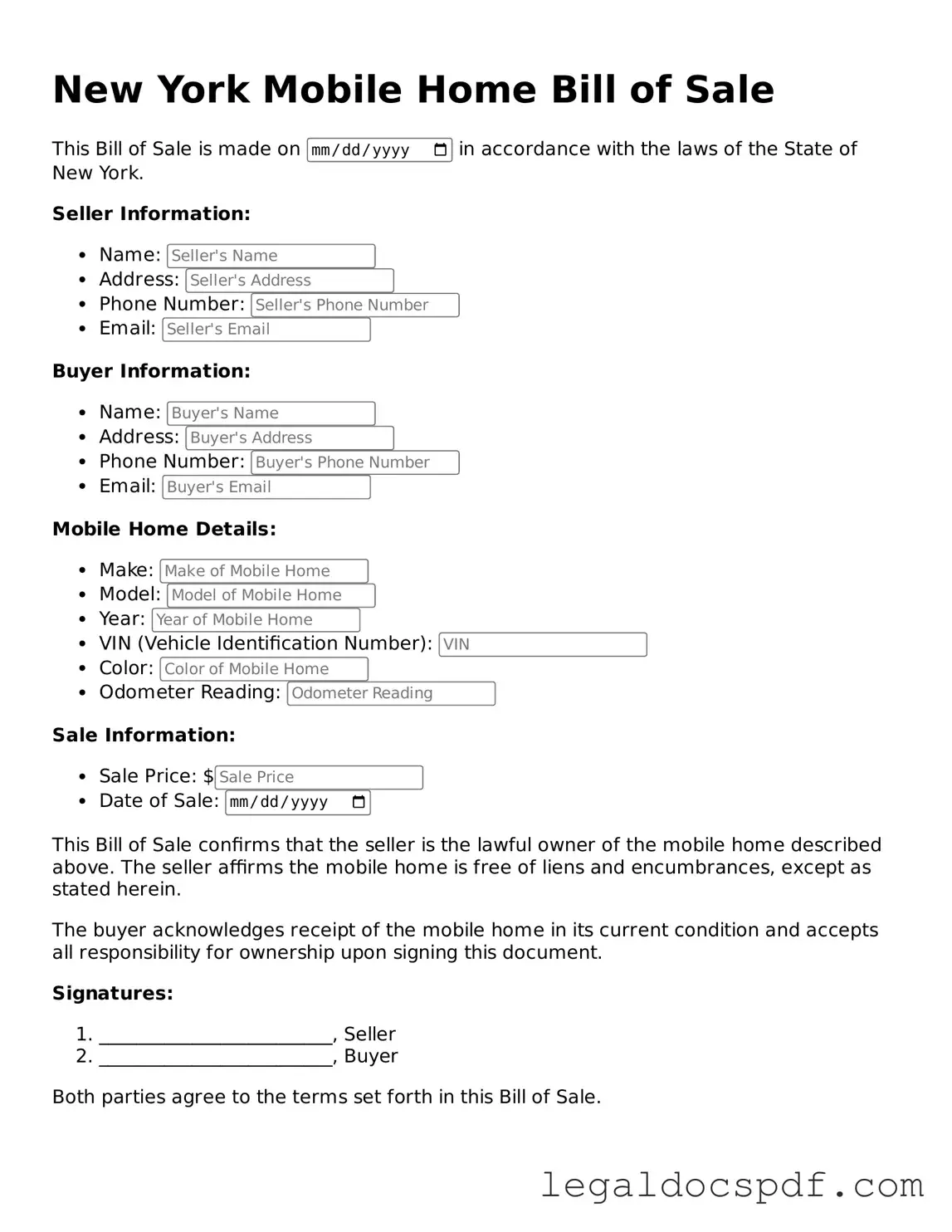 Legal New York Mobile Home Bill of Sale Form