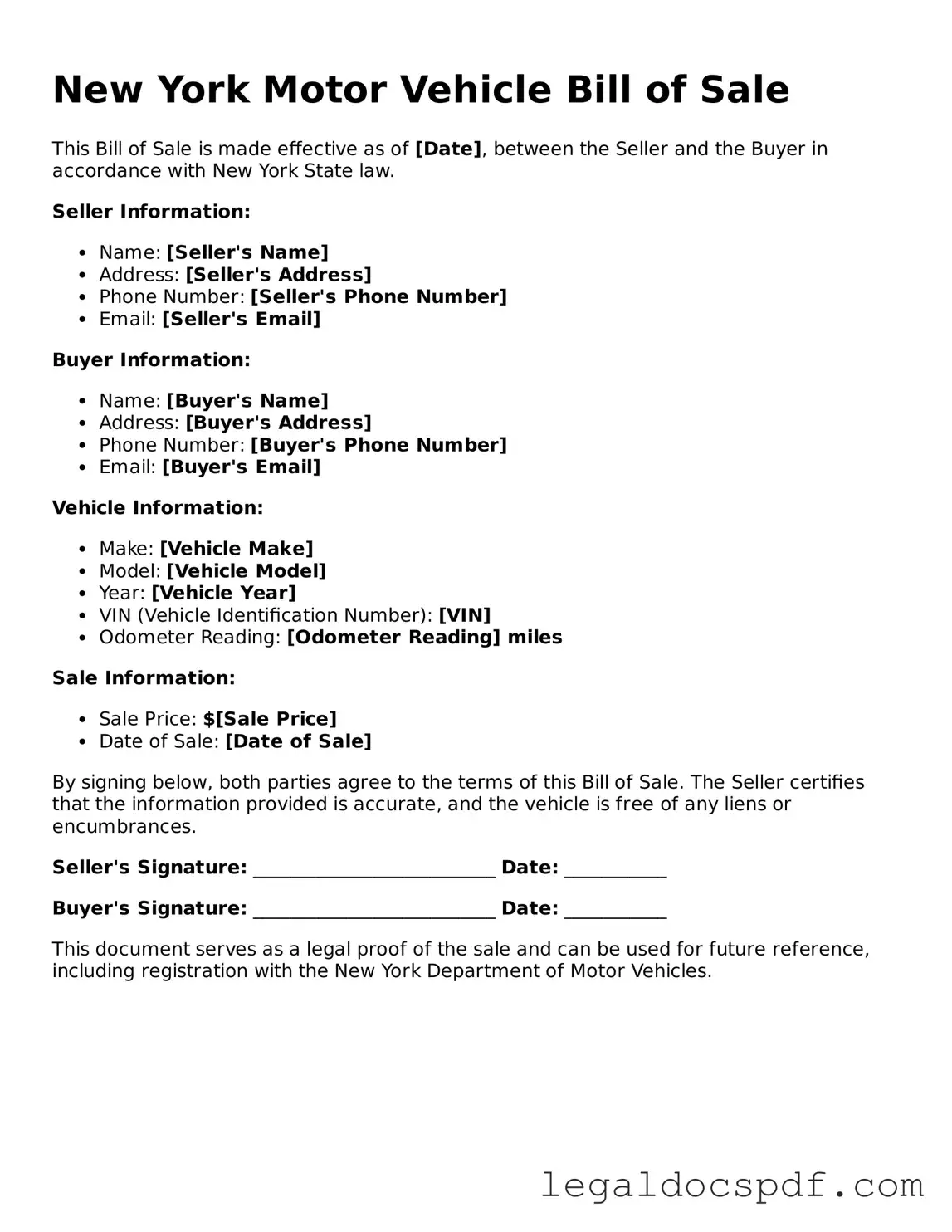 Legal New York Motor Vehicle Bill of Sale Form