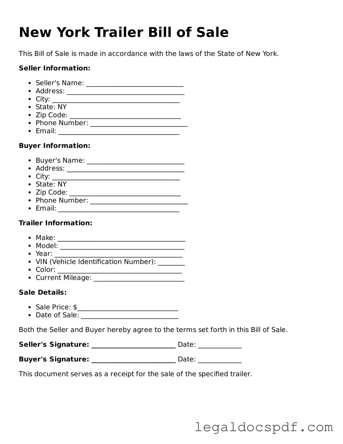 Legal New York Trailer Bill of Sale Form