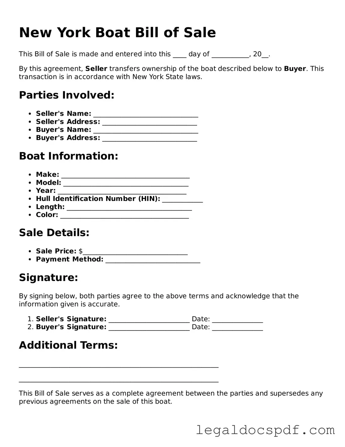 Legal New York Boat Bill of Sale Form