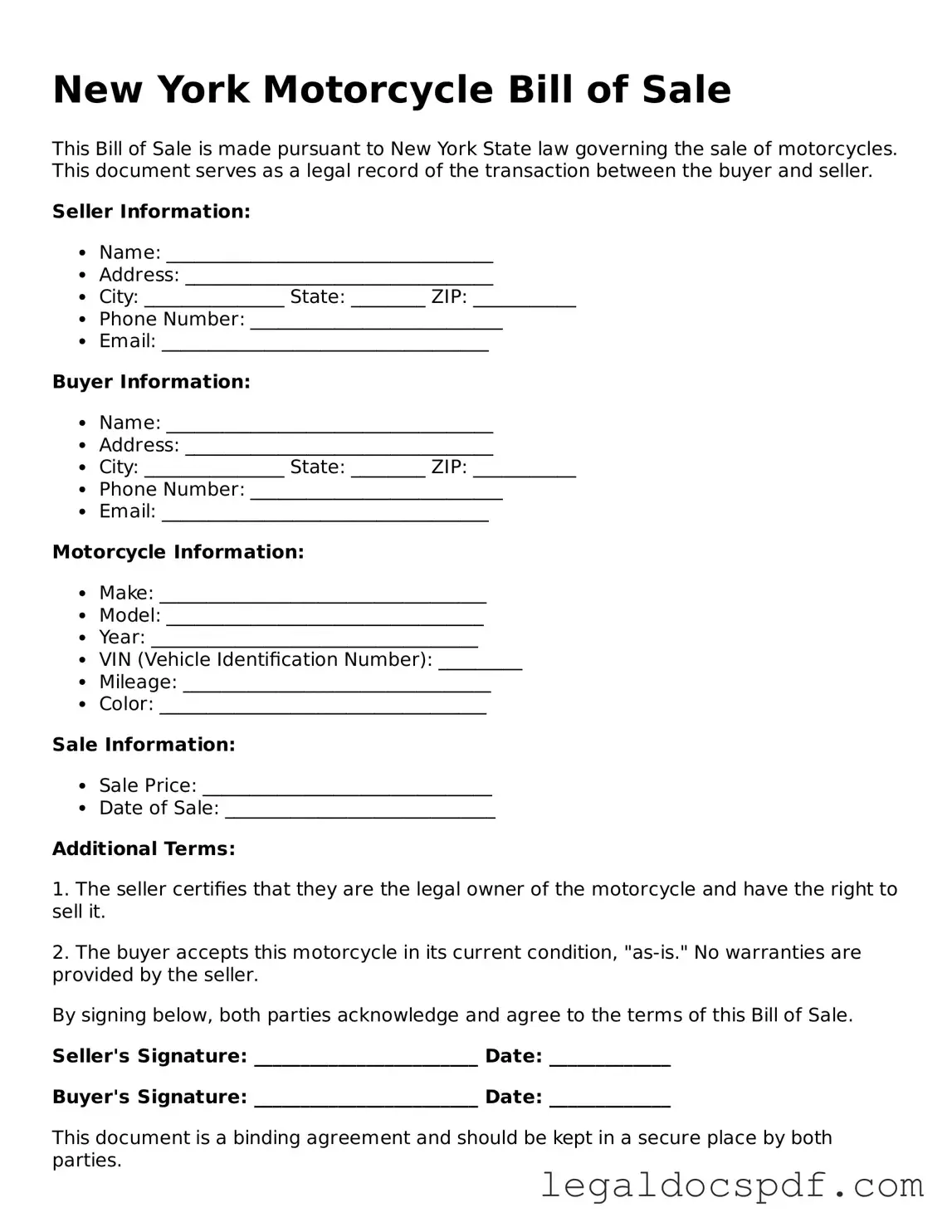 Legal New York Motorcycle Bill of Sale Form