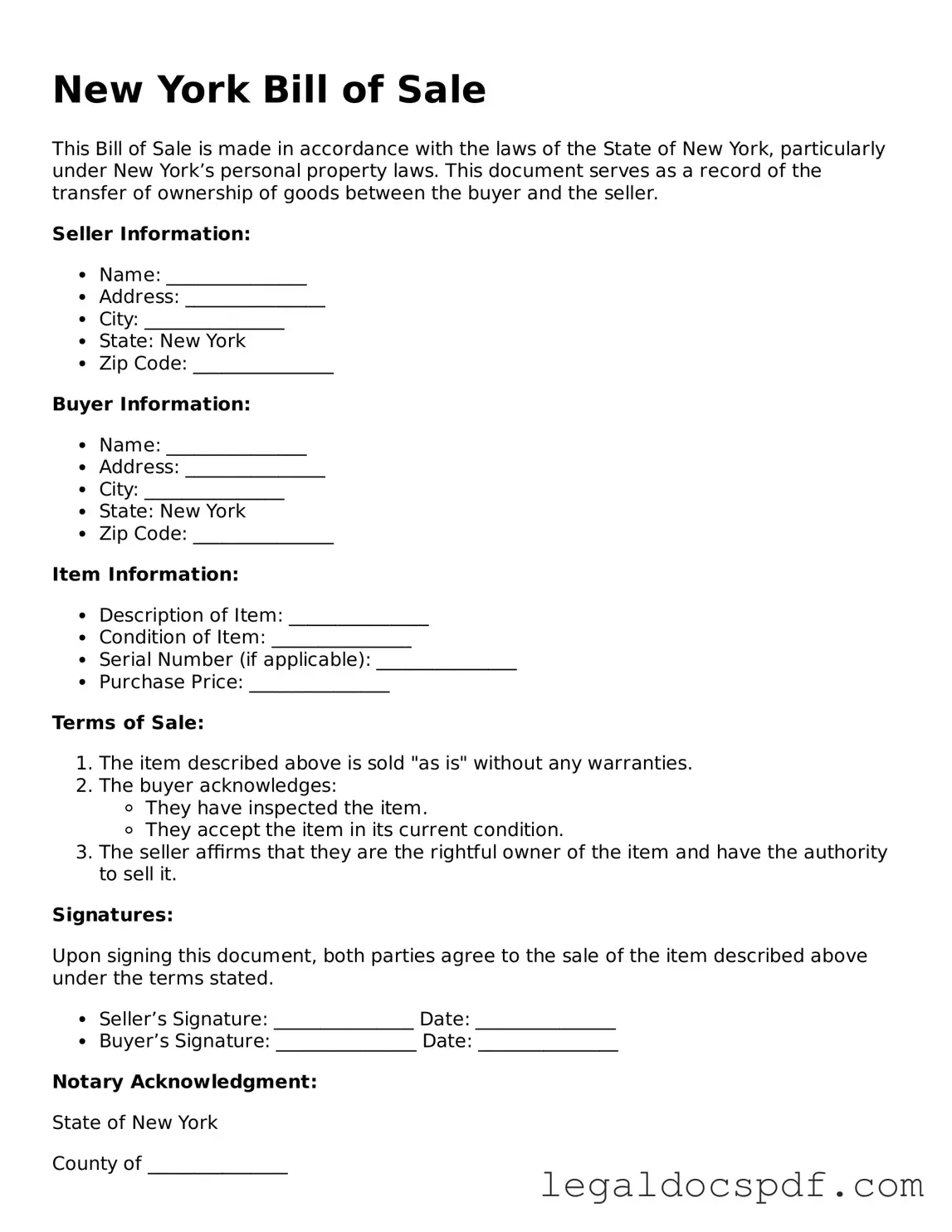 Legal New York Bill of Sale Form