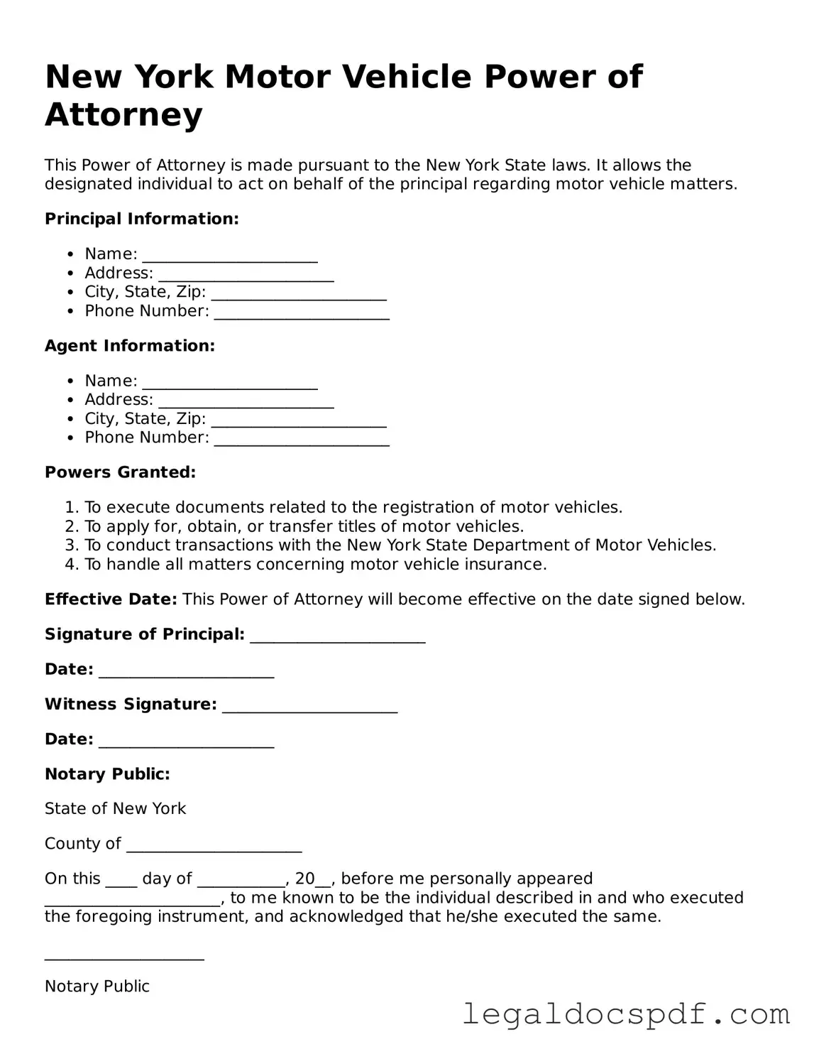 Legal New York Motor Vehicle Power of Attorney Form