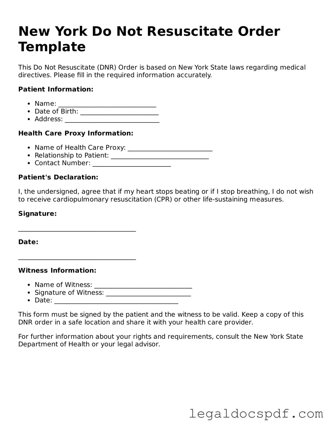 Legal New York Do Not Resuscitate Order Form
