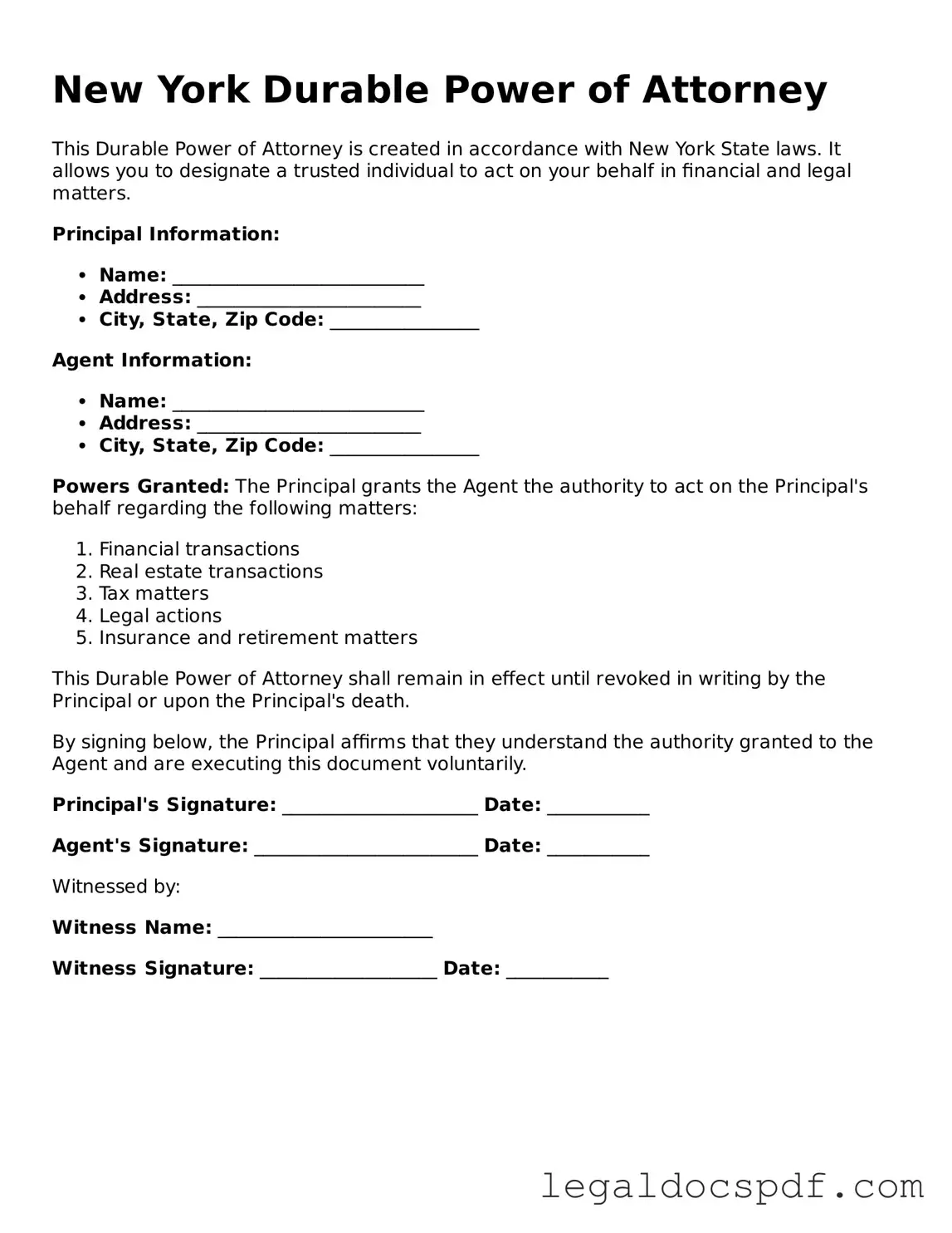Legal New York Durable Power of Attorney Form