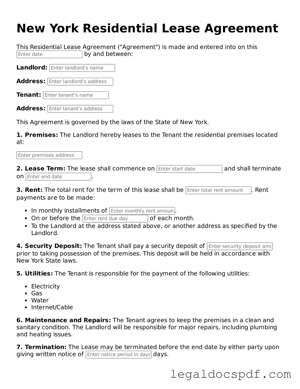 Legal New York Residential Lease Agreement Form