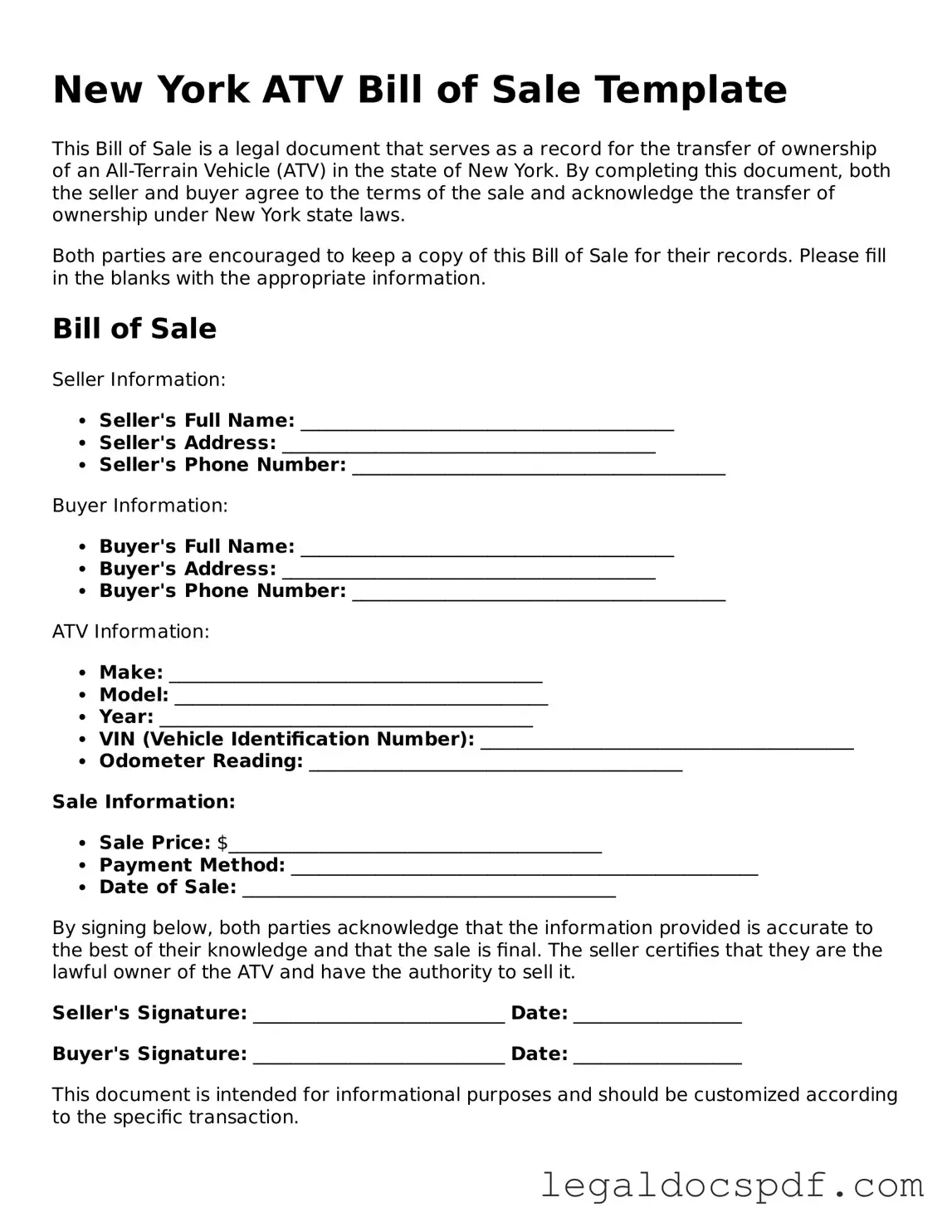 Legal New York ATV Bill of Sale Form