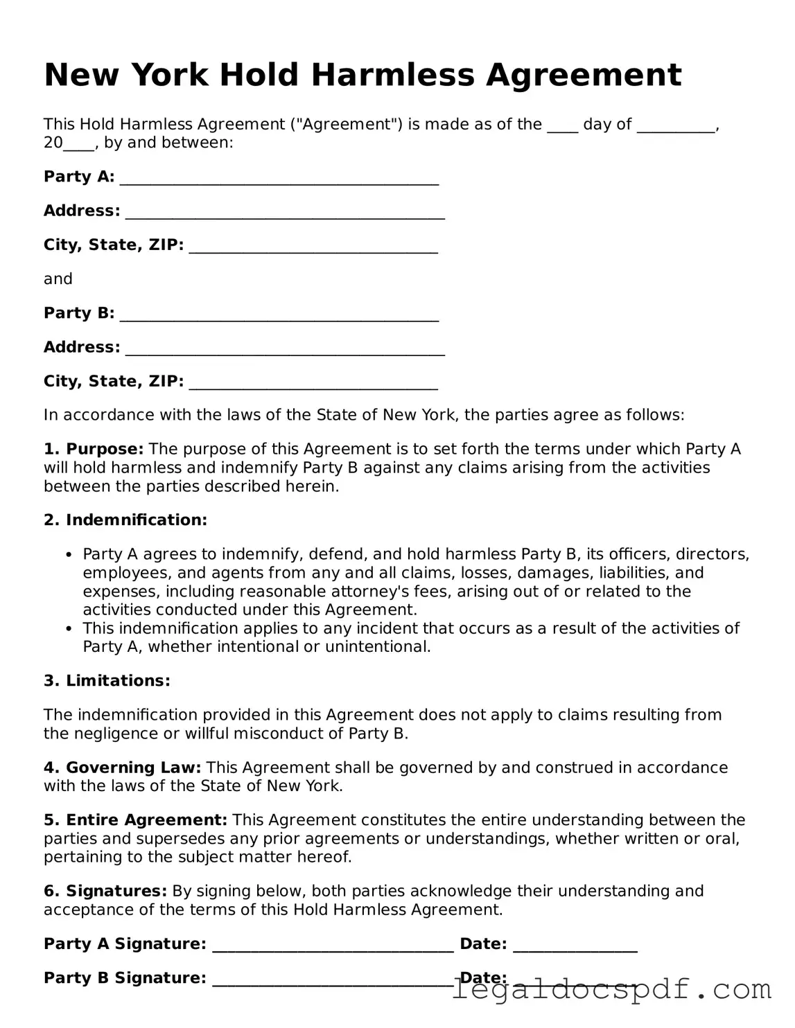 Legal New York Hold Harmless Agreement Form