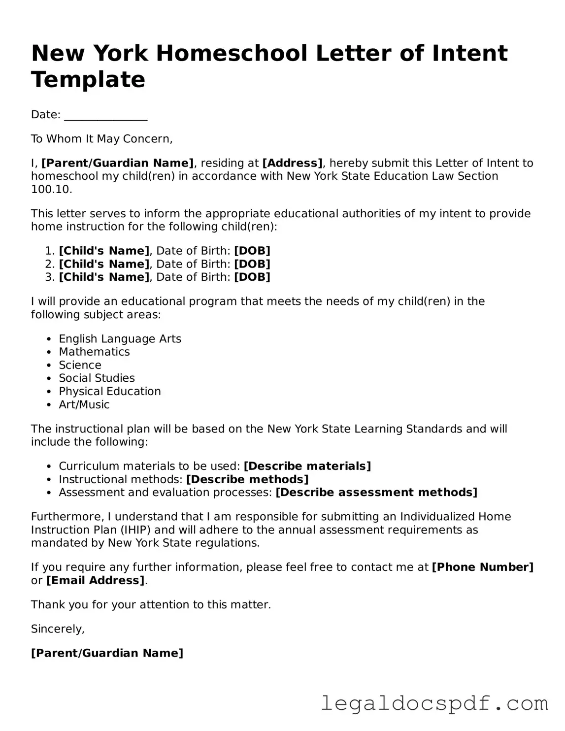 Legal New York Homeschool Letter of Intent Form