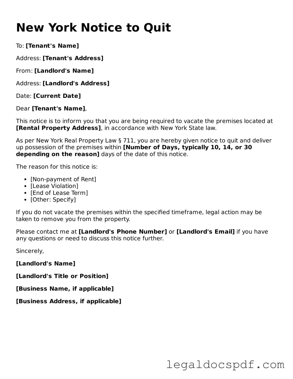 Legal New York Notice to Quit Form