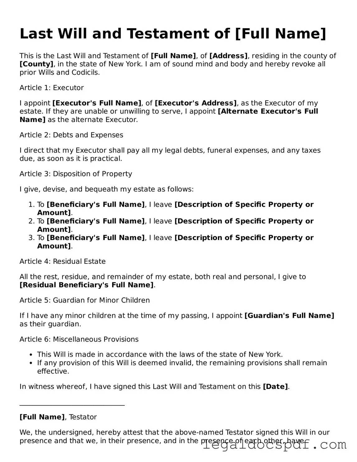Legal New York Last Will and Testament Form