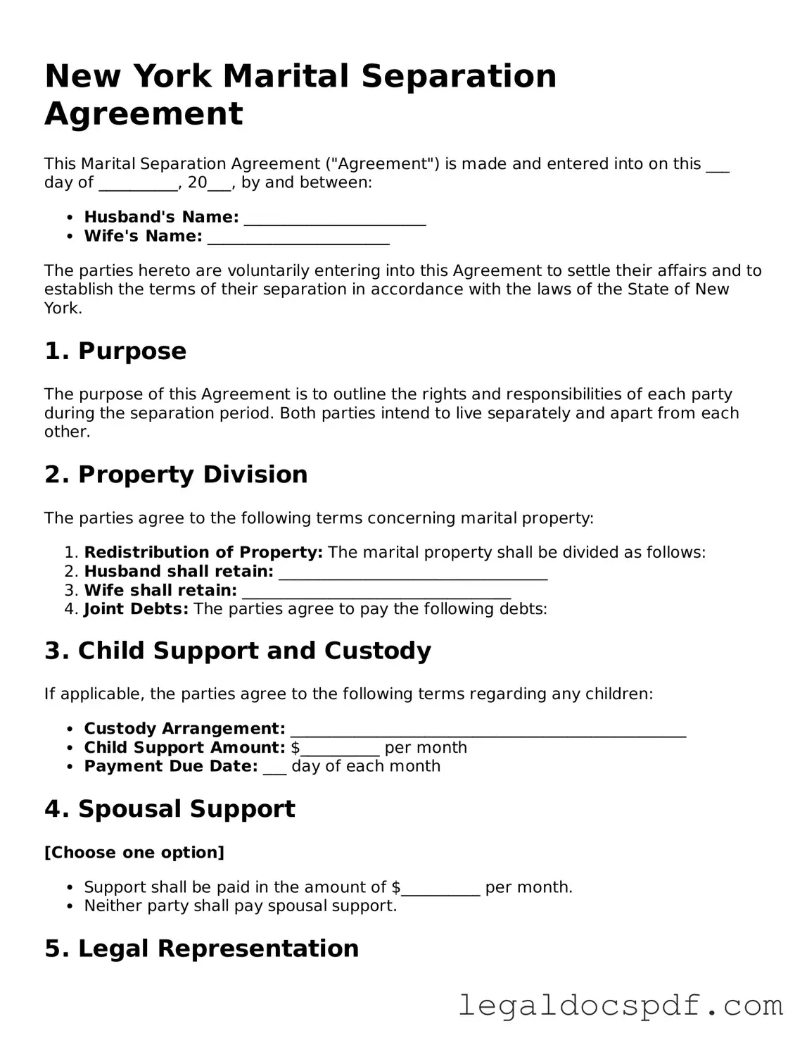 Legal New York Marital Separation Agreement Form