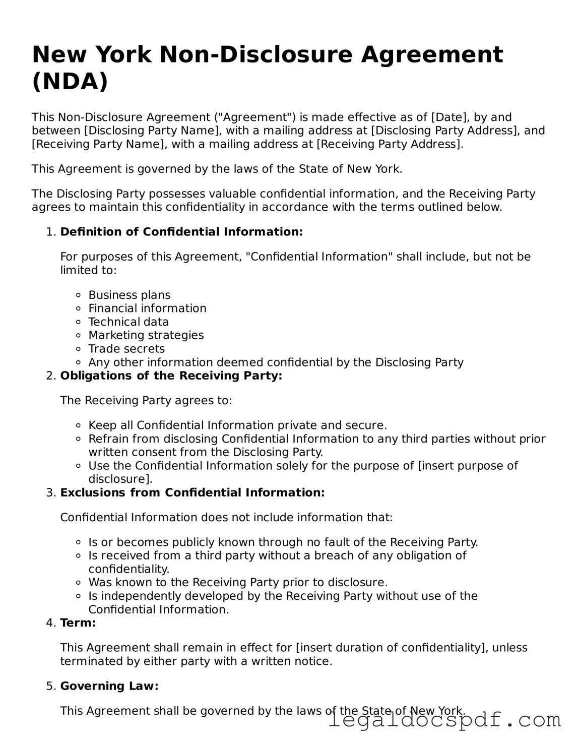 Legal New York Non-disclosure Agreement Form