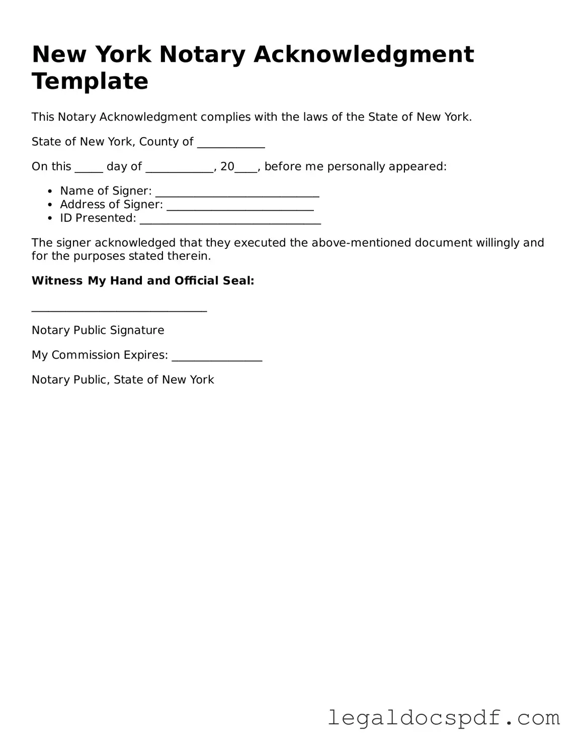 Legal New York Notary Acknowledgement Form
