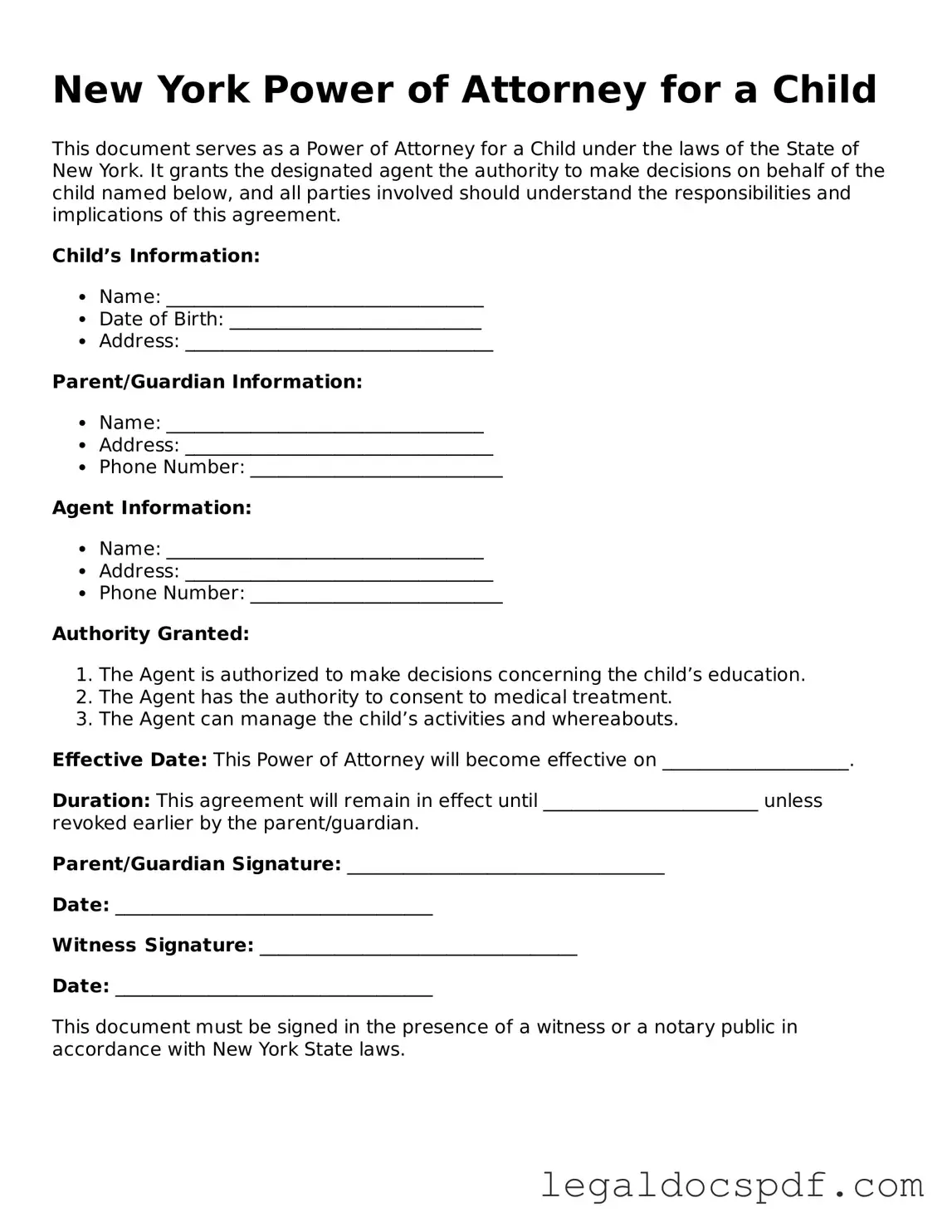 Legal New York Power of Attorney for a Child Form