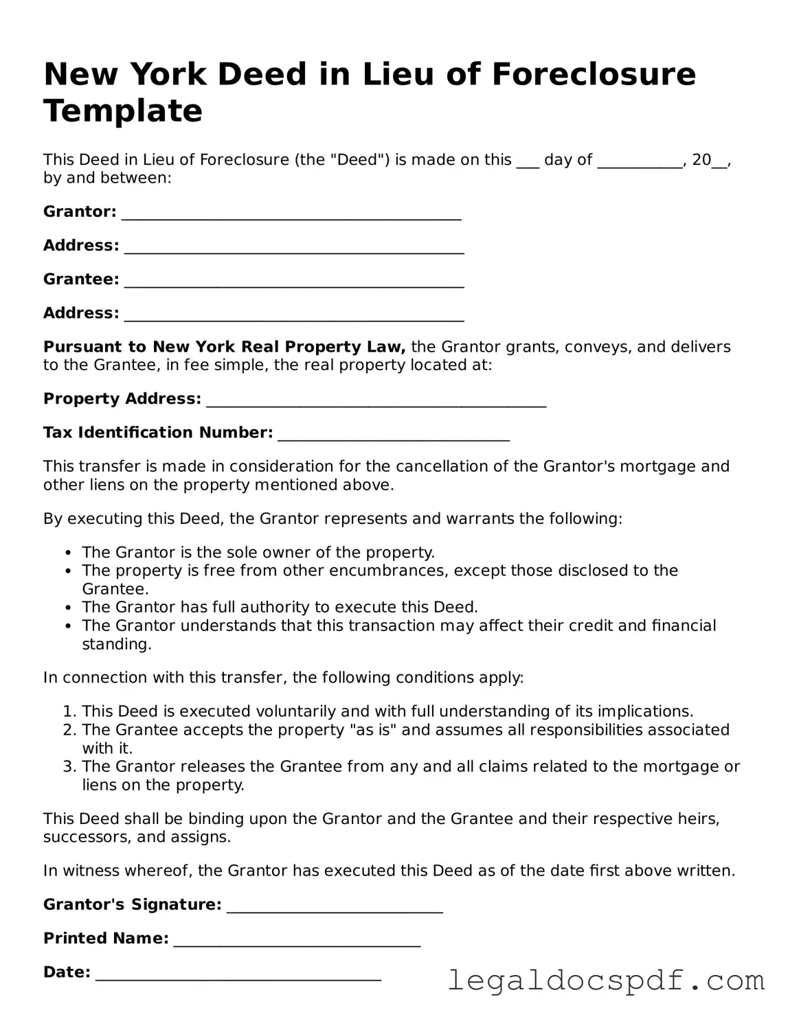 Legal New York Deed in Lieu of Foreclosure Form