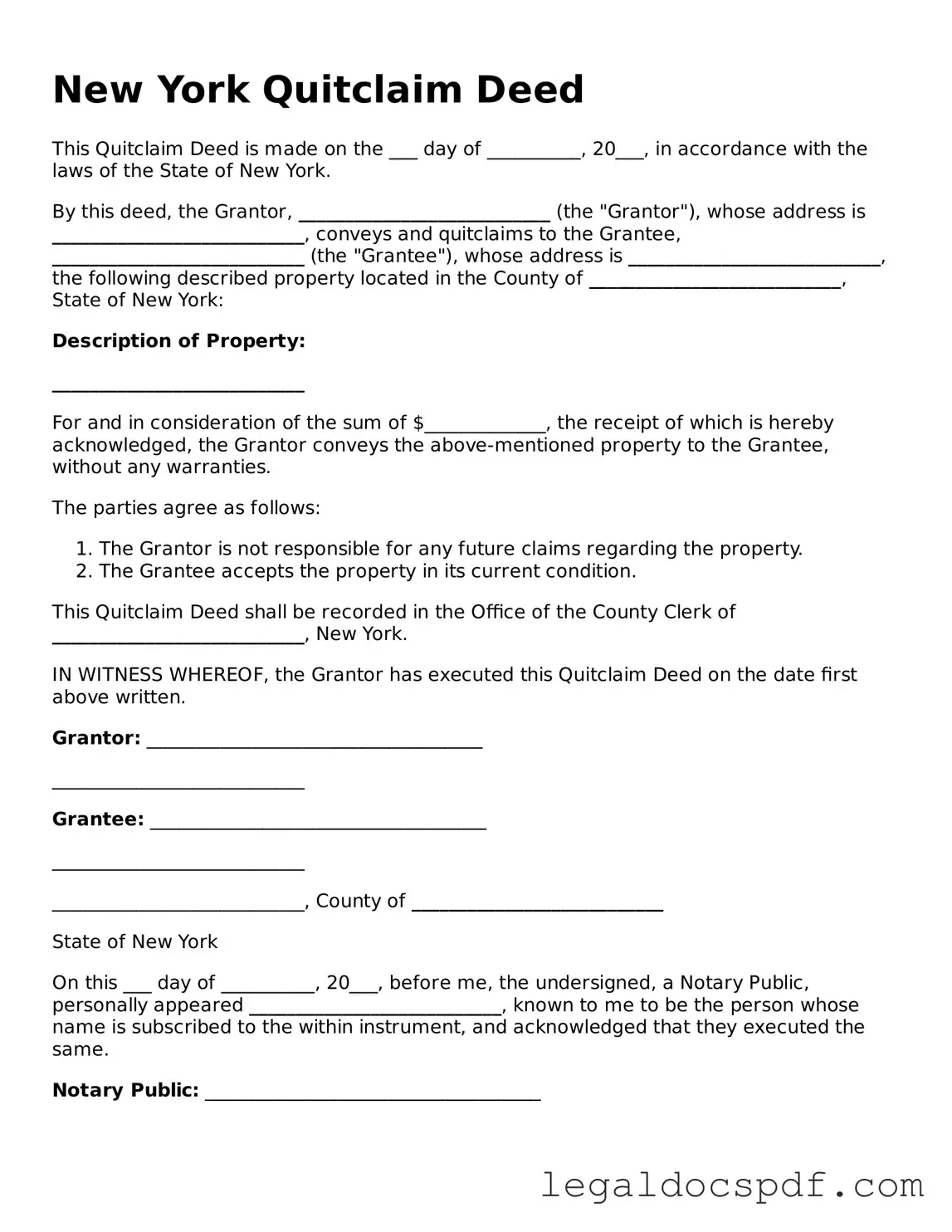 Legal New York Quitclaim Deed Form