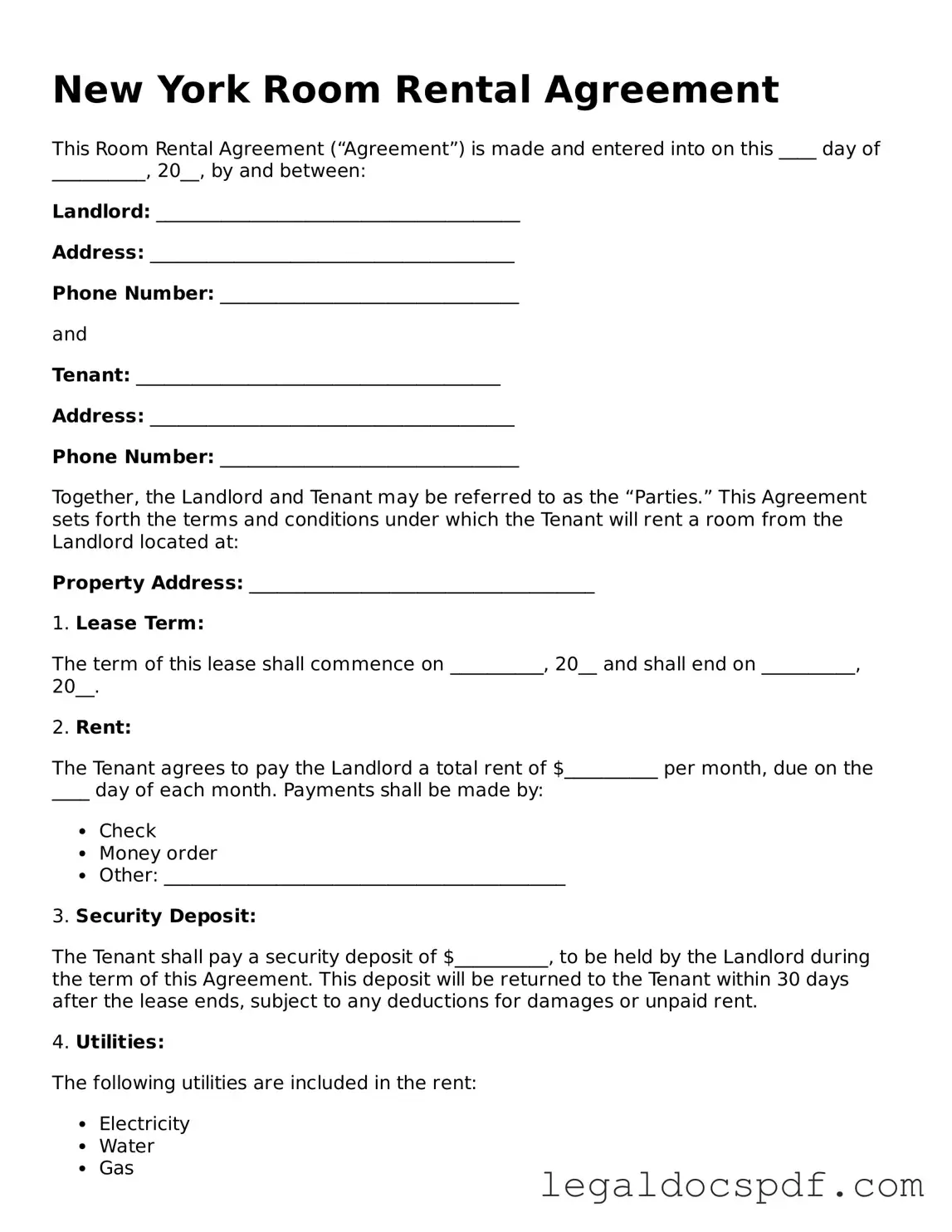 Legal New York Room Rental Agreement Form