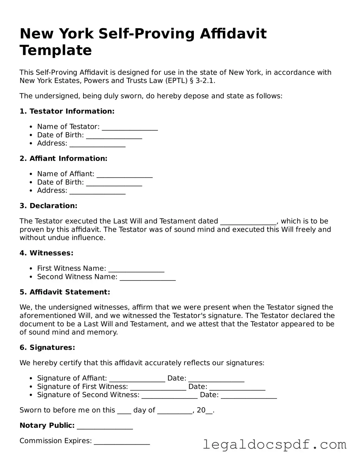 Legal New York Self-Proving Affidavit Form