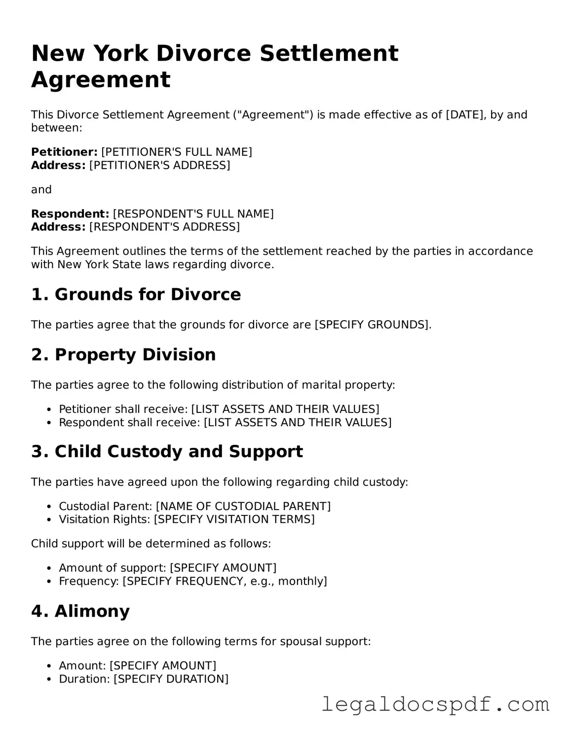 Legal New York Divorce Settlement Agreement Form