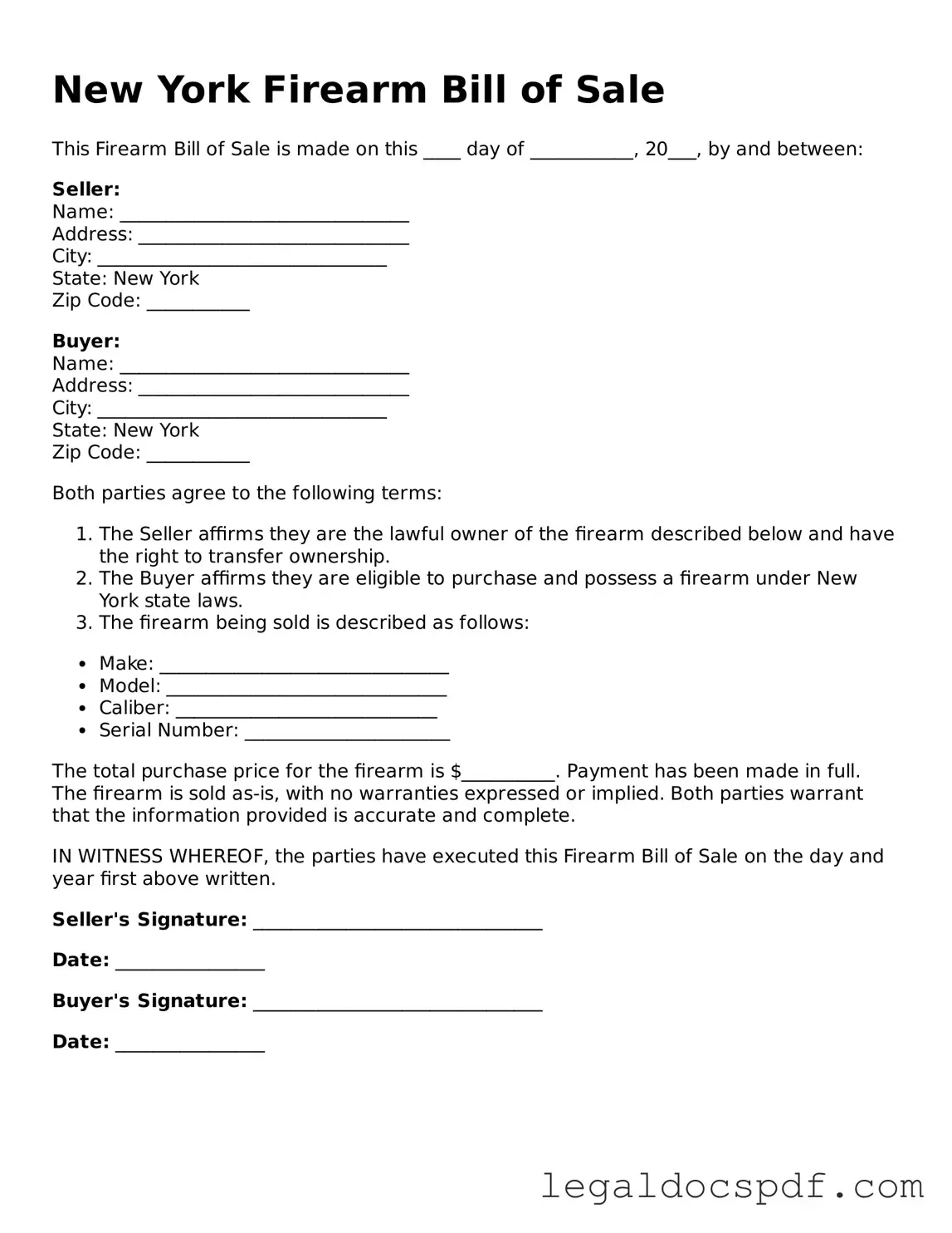 Legal New York Firearm Bill of Sale Form