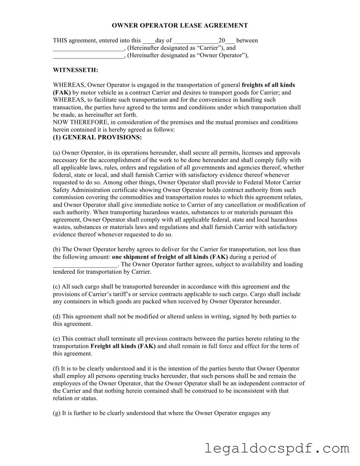 Fill Out Your Owner Operator Lease Agreement Form