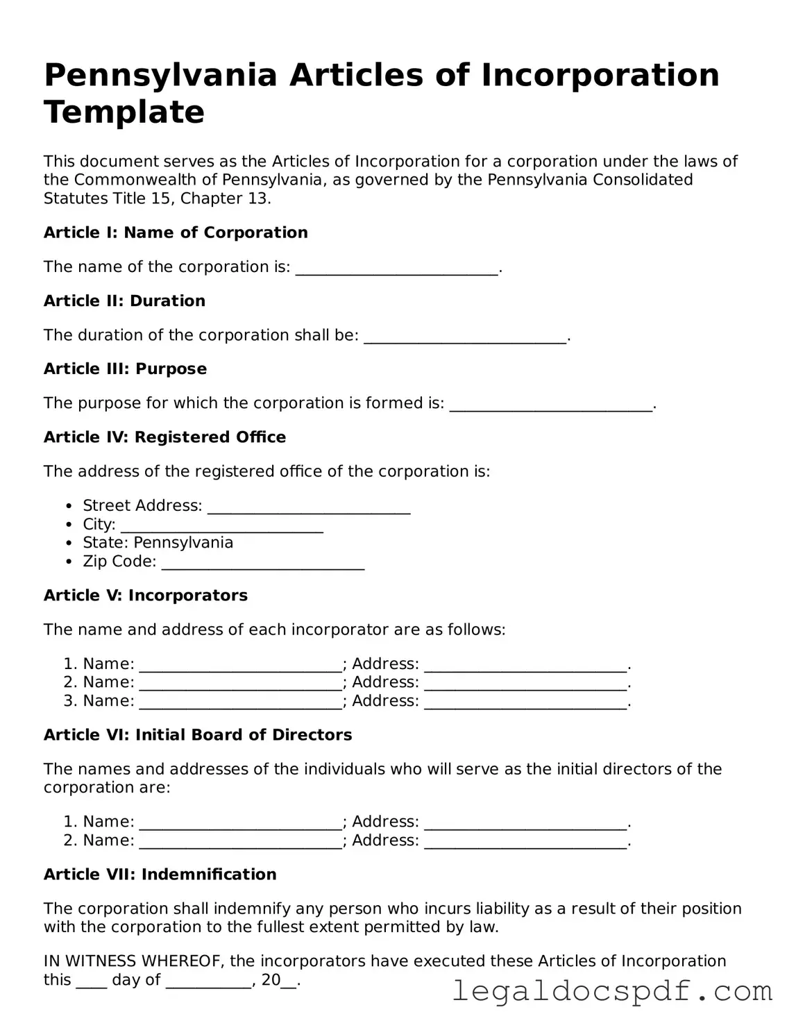 Legal Pennsylvania Articles of Incorporation Form