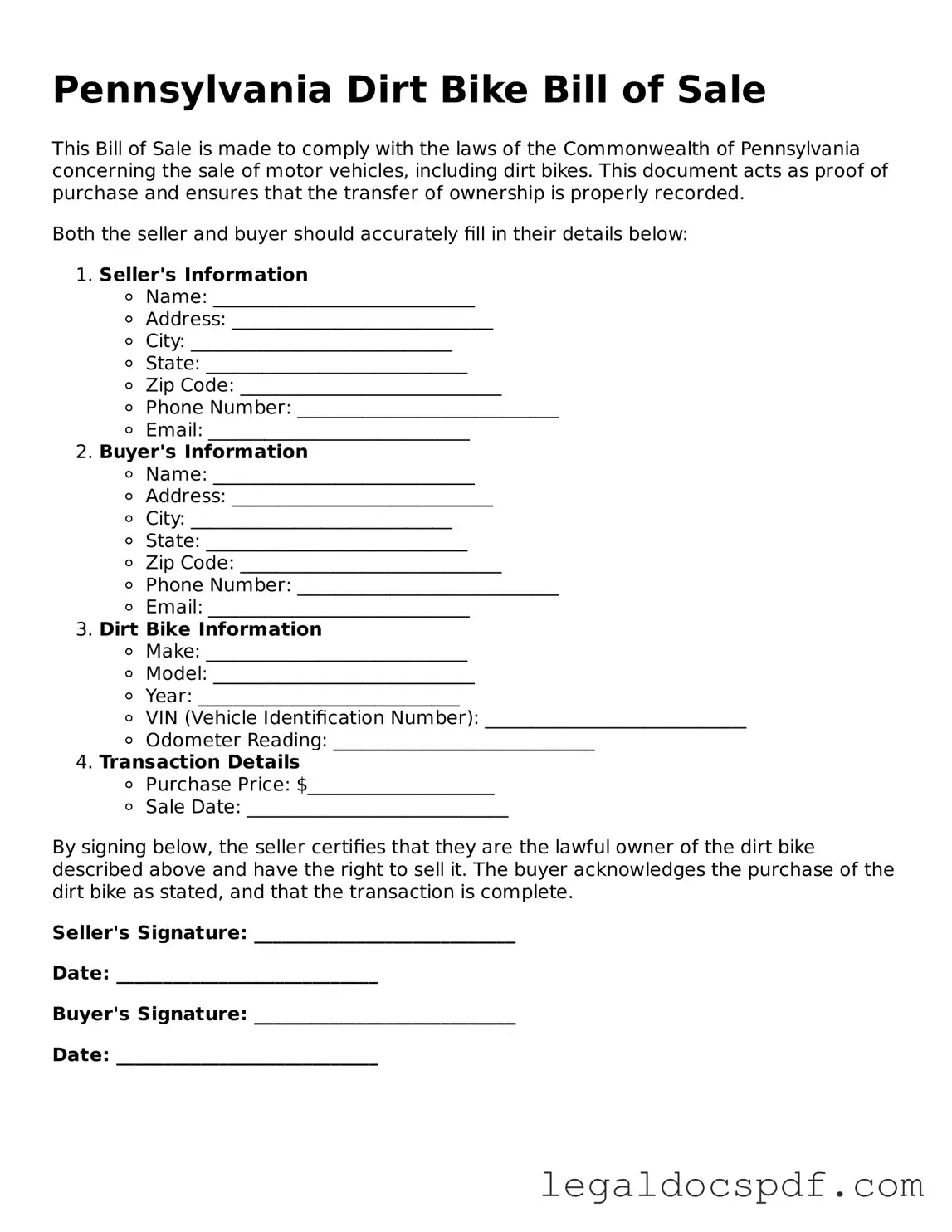 Legal Pennsylvania Dirt Bike Bill of Sale Form