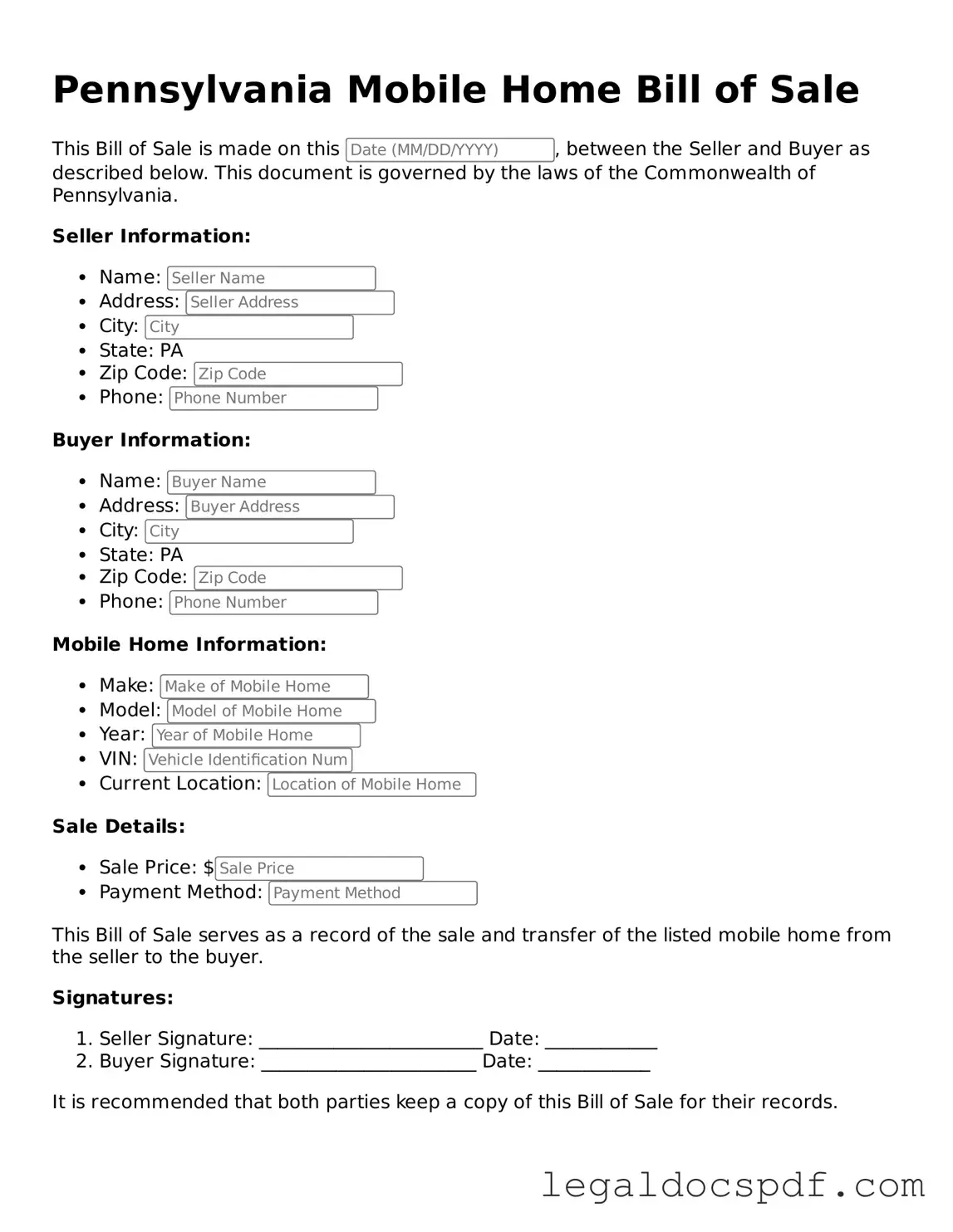 Legal Pennsylvania Mobile Home Bill of Sale Form