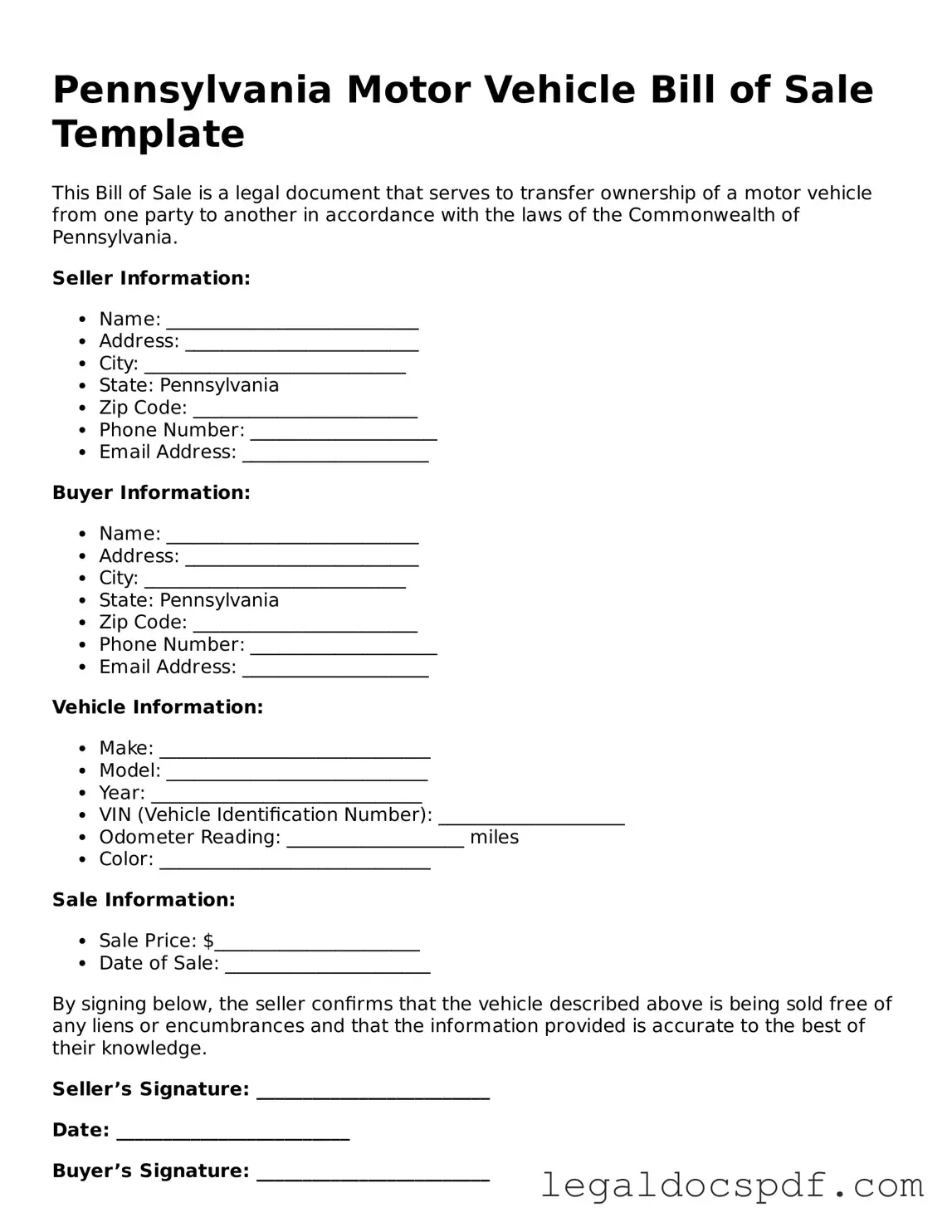 Legal Pennsylvania Motor Vehicle Bill of Sale Form