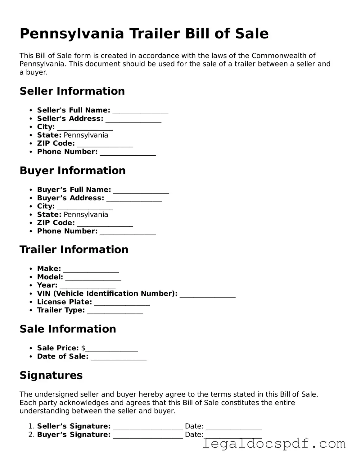 Legal Pennsylvania Trailer Bill of Sale Form