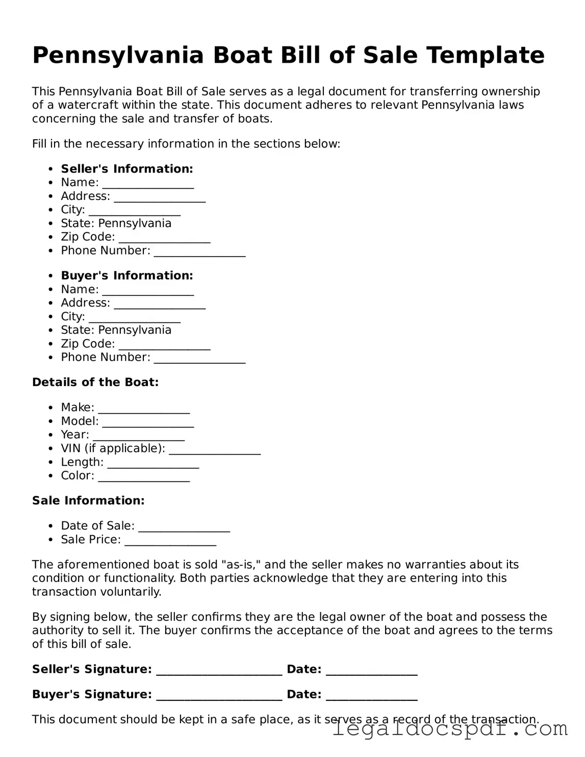 Legal Pennsylvania Boat Bill of Sale Form