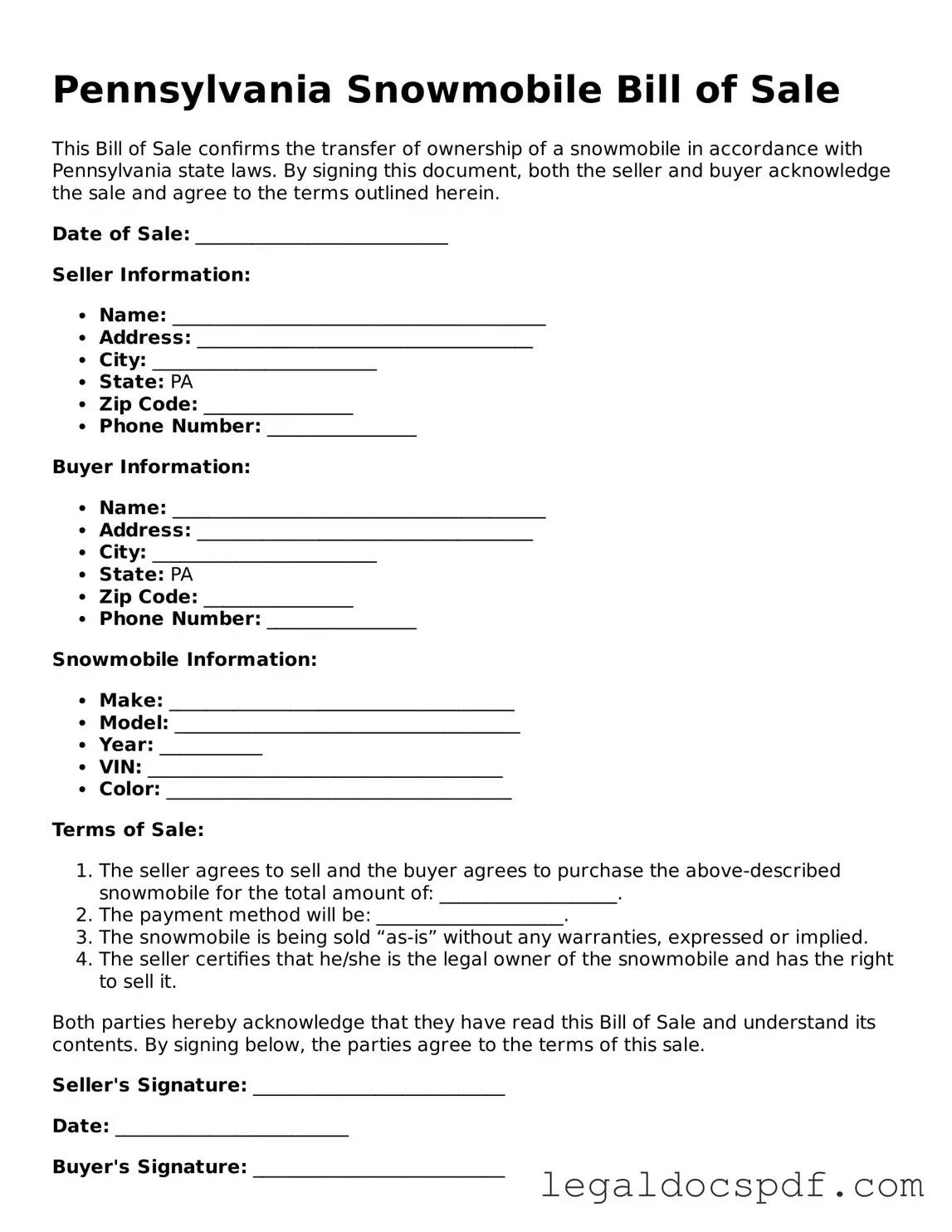 Legal Pennsylvania Snowmobile Bill of Sale Form