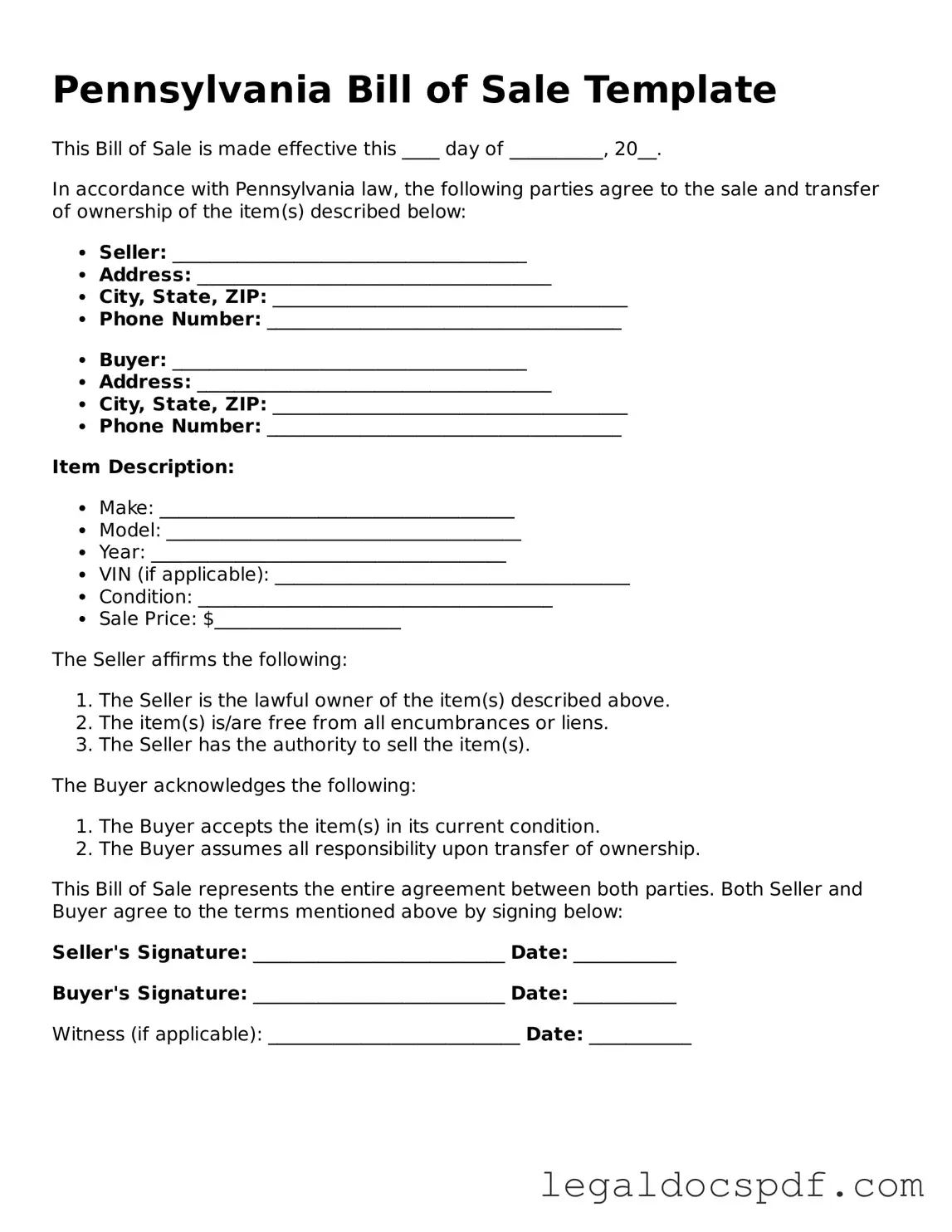 Legal Pennsylvania Bill of Sale Form