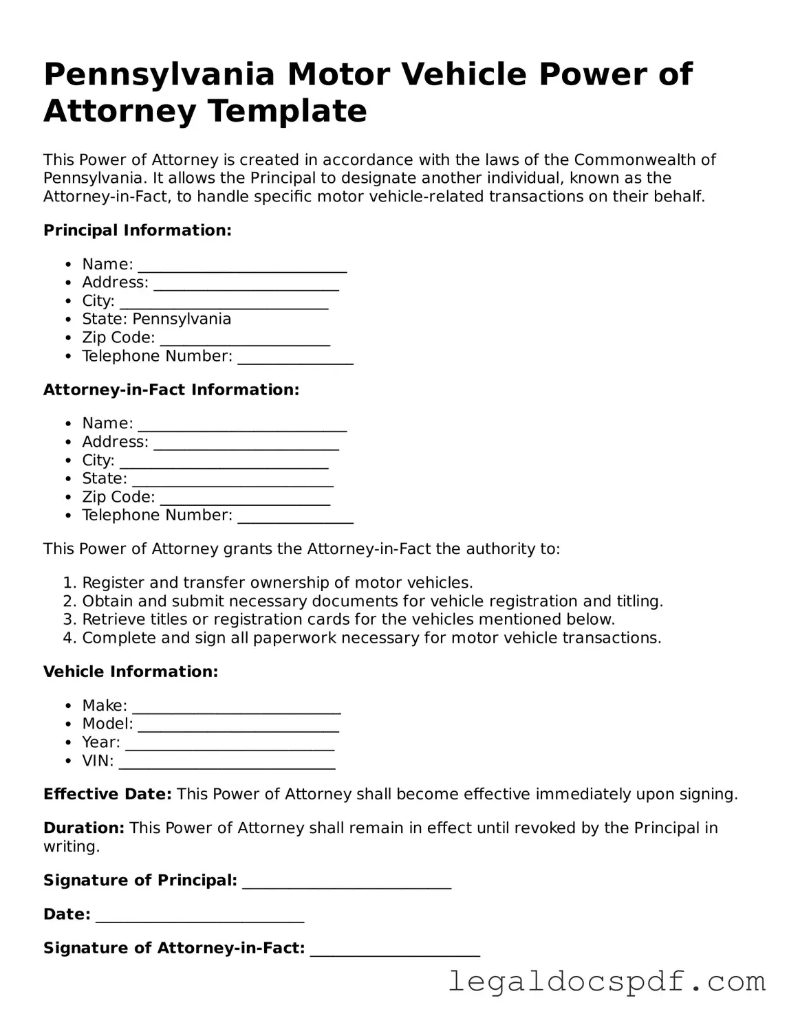 Legal Pennsylvania Motor Vehicle Power of Attorney Form
