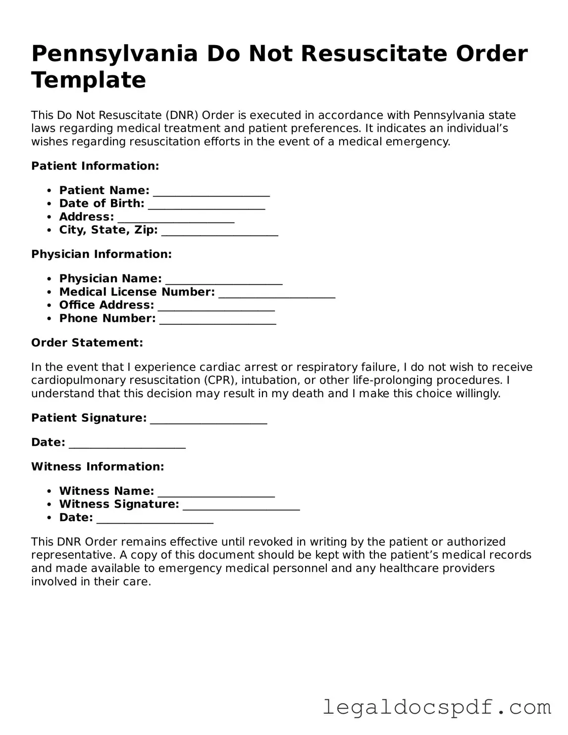 Legal Pennsylvania Do Not Resuscitate Order Form