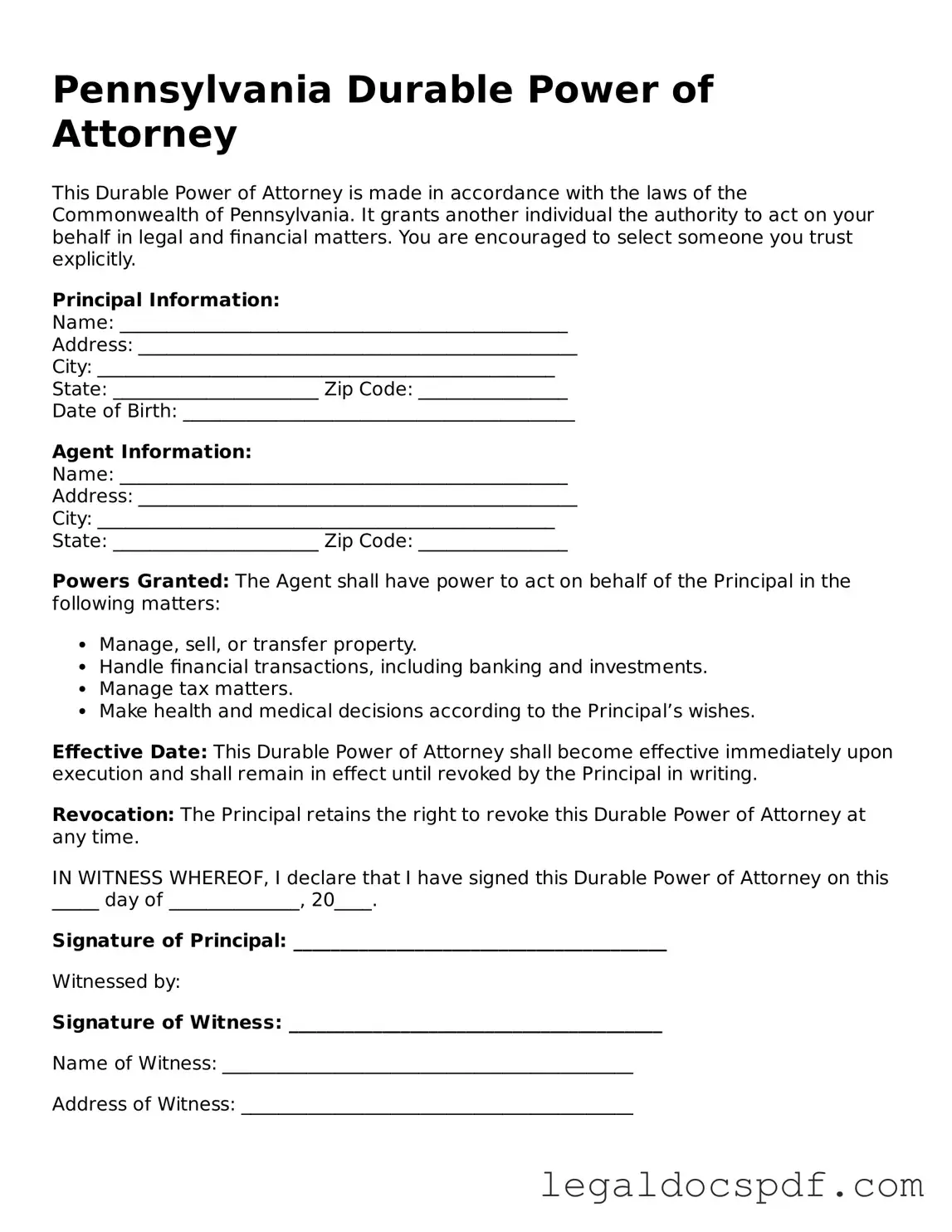 Legal Pennsylvania Durable Power of Attorney Form