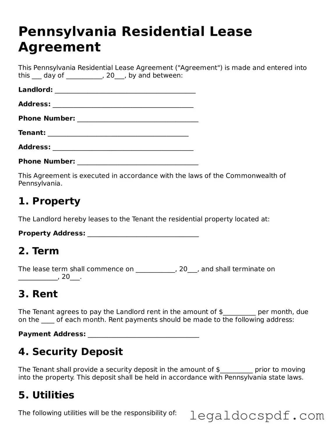 Legal Pennsylvania Residential Lease Agreement Form